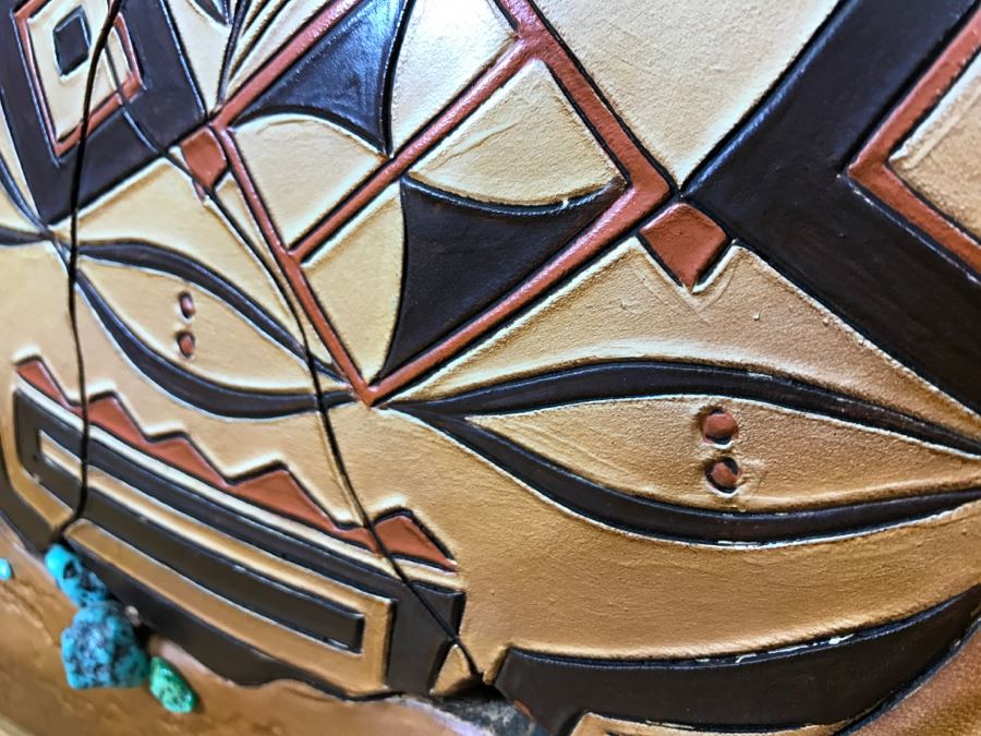 Tooled Leather Hand Painted Relief Artwork Depicting Native American Pottery With Real Turquoise Chunks 21'W X 25'H [Photo 14]