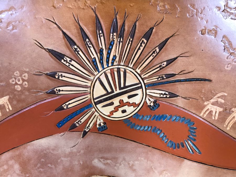 Tooled Leather Hand Painted Relief Artwork Depicting Native American Pottery With Real Turquoise Chunks 21'W X 25'H [Photo 22]