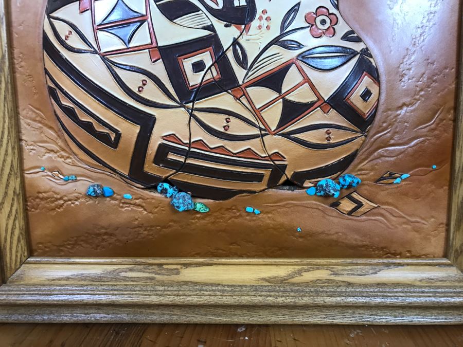 Tooled Leather Hand Painted Relief Artwork Depicting Native American Pottery With Real Turquoise Chunks 21'W X 25'H [Photo 11]