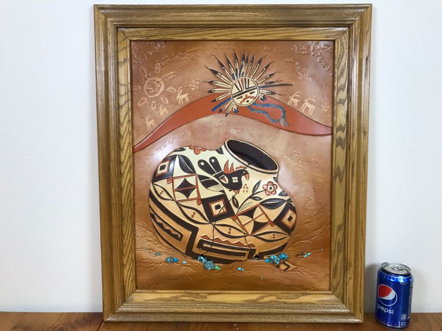 Tooled Leather Hand Painted Relief Artwork Depicting Native American Pottery With Real Turquoise Chunks 21'W X 25'H
