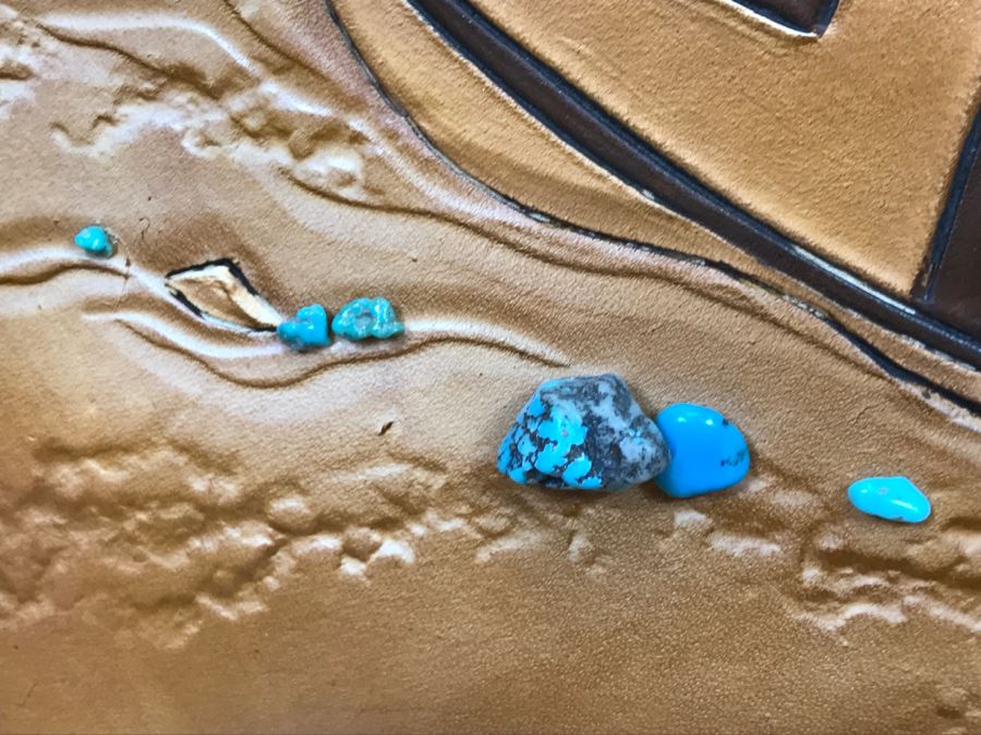 Tooled Leather Hand Painted Relief Artwork Depicting Native American Pottery With Real Turquoise Chunks 21'W X 25'H [Photo 10]