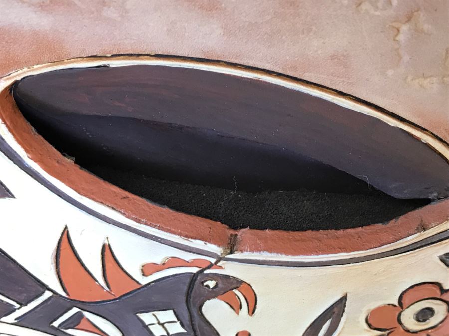 Tooled Leather Hand Painted Relief Artwork Depicting Native American Pottery With Real Turquoise Chunks 21'W X 25'H [Photo 5]