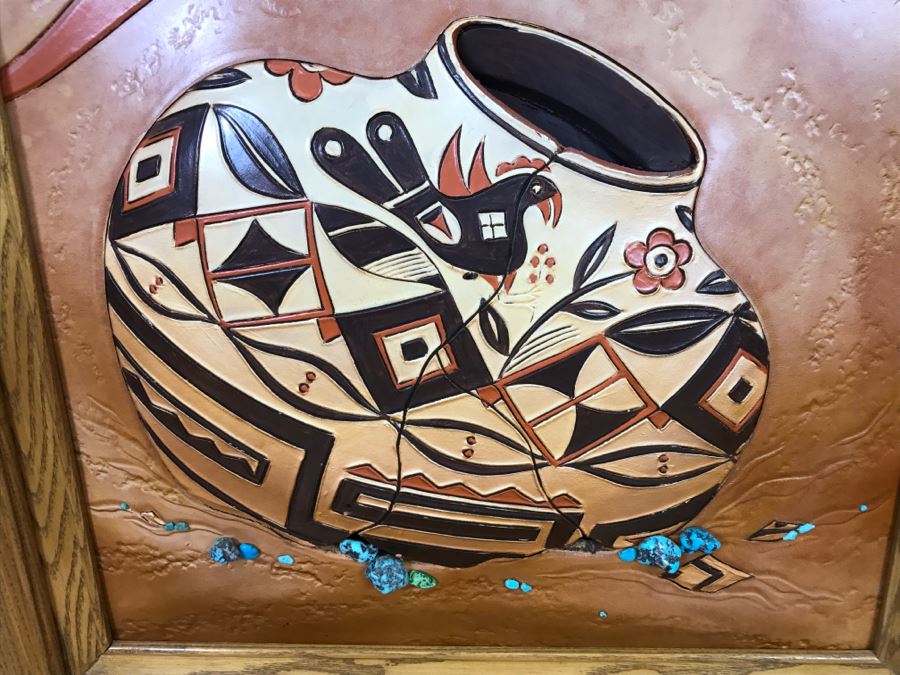 Tooled Leather Hand Painted Relief Artwork Depicting Native American Pottery With Real Turquoise Chunks 21'W X 25'H [Photo 23]