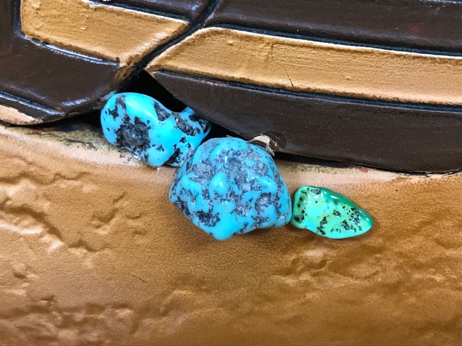 Tooled Leather Hand Painted Relief Artwork Depicting Native American Pottery With Real Turquoise Chunks 21'W X 25'H [Photo 7]