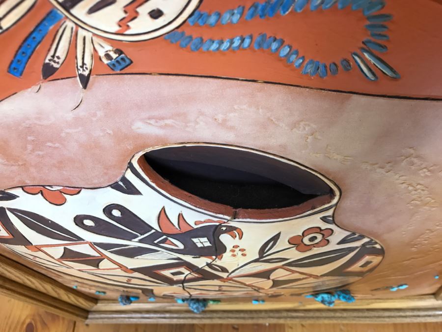 Tooled Leather Hand Painted Relief Artwork Depicting Native American Pottery With Real Turquoise Chunks 21'W X 25'H [Photo 4]