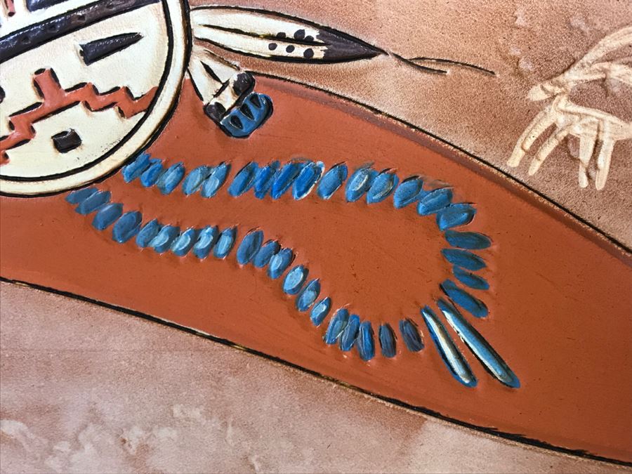 Tooled Leather Hand Painted Relief Artwork Depicting Native American Pottery With Real Turquoise Chunks 21'W X 25'H [Photo 18]