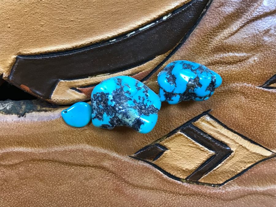 Tooled Leather Hand Painted Relief Artwork Depicting Native American Pottery With Real Turquoise Chunks 21'W X 25'H [Photo 8]