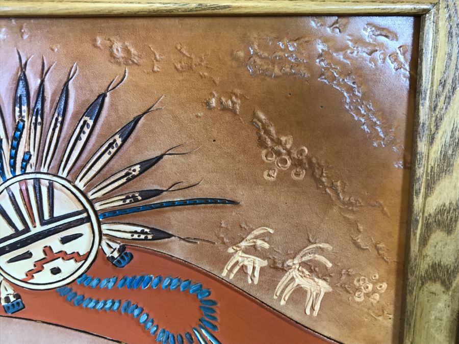 Tooled Leather Hand Painted Relief Artwork Depicting Native American Pottery With Real Turquoise Chunks 21'W X 25'H [Photo 24]