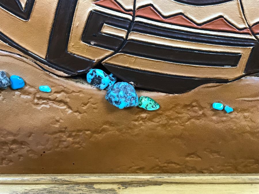 Tooled Leather Hand Painted Relief Artwork Depicting Native American Pottery With Real Turquoise Chunks 21'W X 25'H [Photo 6]