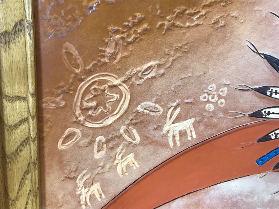 Tooled Leather Hand Painted Relief Artwork Depicting Native American Pottery With Real Turquoise Chunks 21'W X 25'H [Photo 20]