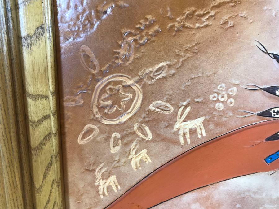 Tooled Leather Hand Painted Relief Artwork Depicting Native American Pottery With Real Turquoise Chunks 21'W X 25'H [Photo 25]