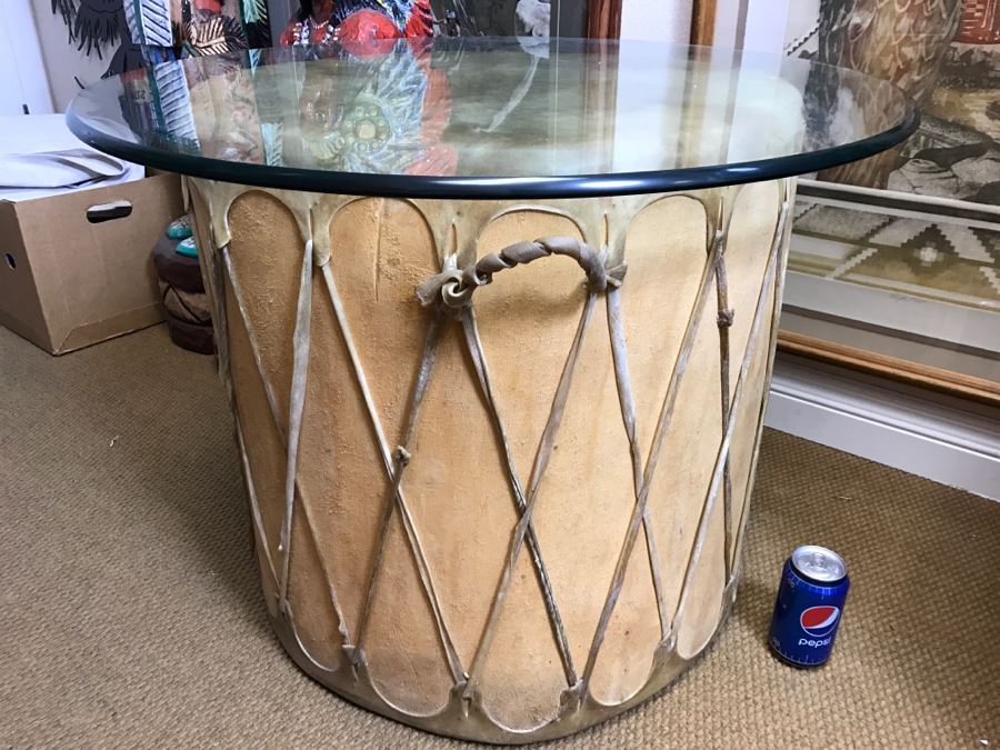 Large Rawhide Drum Table With Glass Top - Drum Measures 22'R X 22'H - Glass Measures 30'R X 0.5'T [Photo 11]