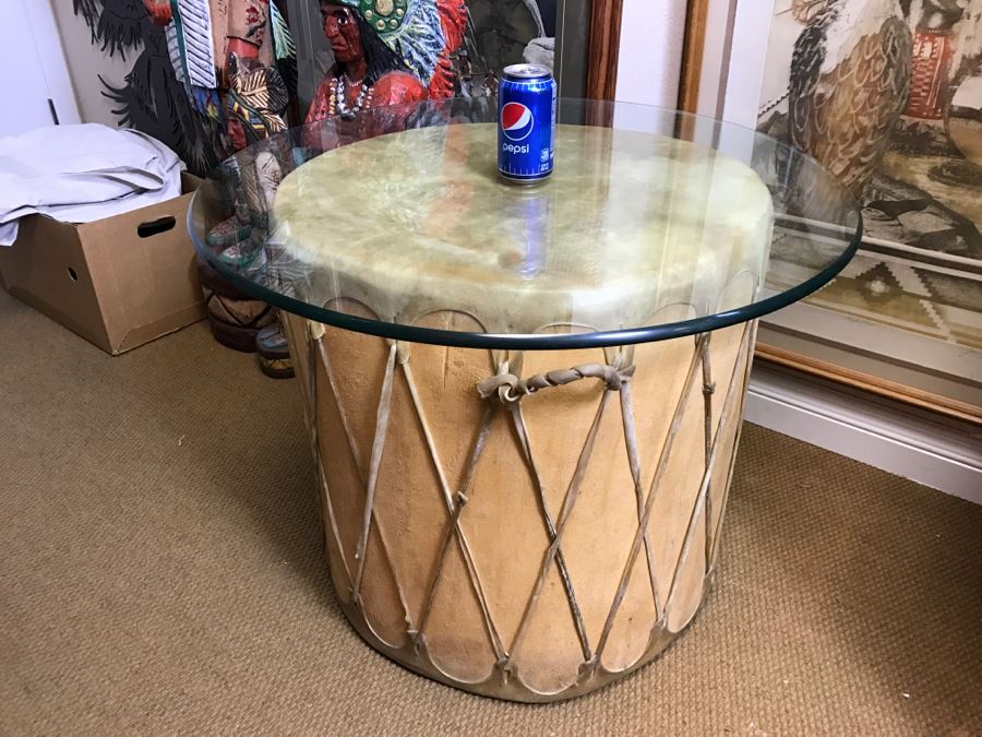 Large Rawhide Drum Table With Glass Top - Drum Measures 22'R X 22'H - Glass Measures 30'R X 0.5'T