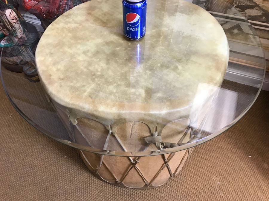 Large Rawhide Drum Table With Glass Top - Drum Measures 22'R X 22'H - Glass Measures 30'R X 0.5'T [Photo 4]