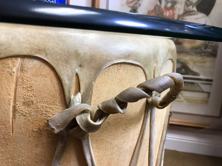 Large Rawhide Drum Table With Glass Top - Drum Measures 22'R X 22'H - Glass Measures 30'R X 0.5'T [Photo 9]