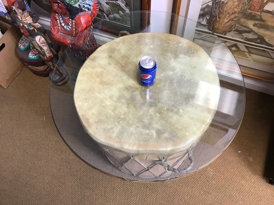 Large Rawhide Drum Table With Glass Top - Drum Measures 22'R X 22'H - Glass Measures 30'R X 0.5'T [Photo 3]