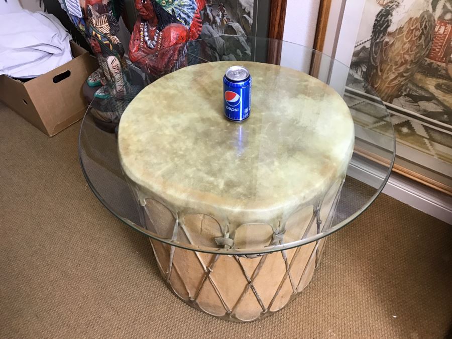 Large Rawhide Drum Table With Glass Top - Drum Measures 22'R X 22'H - Glass Measures 30'R X 0.5'T [Photo 2]