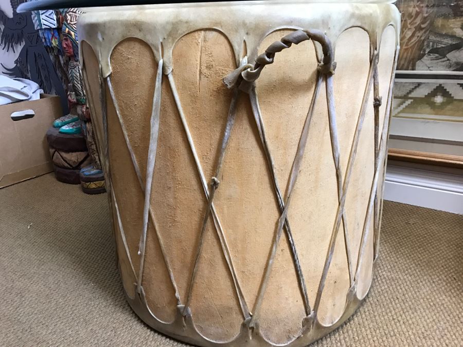 Large Rawhide Drum Table With Glass Top - Drum Measures 22'R X 22'H - Glass Measures 30'R X 0.5'T [Photo 6]
