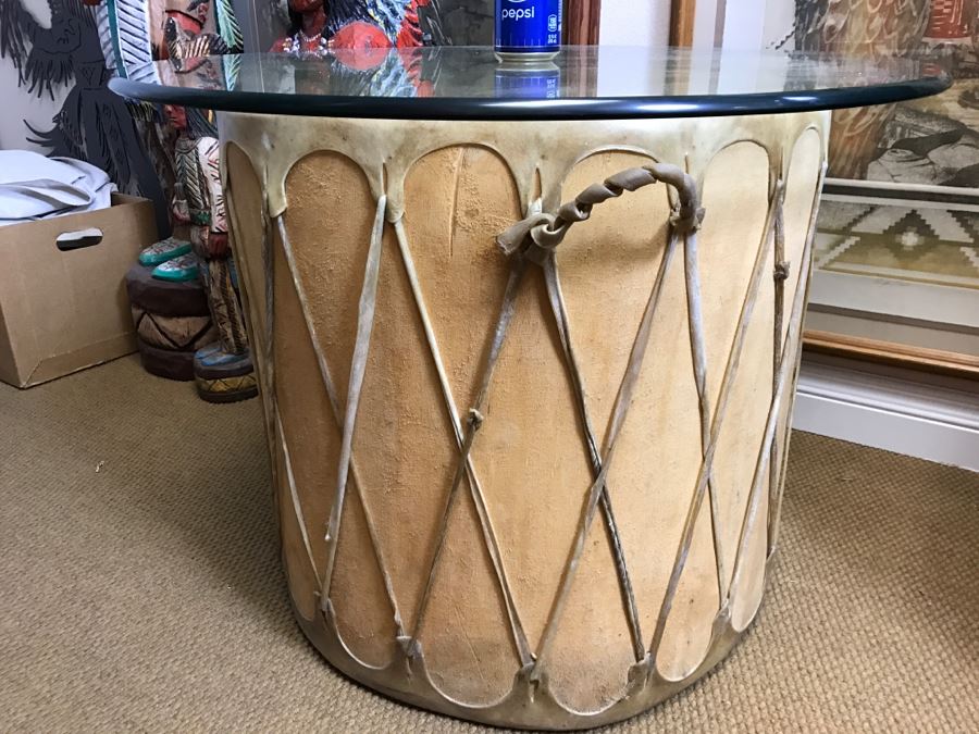 Large Rawhide Drum Table With Glass Top - Drum Measures 22'R X 22'H - Glass Measures 30'R X 0.5'T [Photo 5]