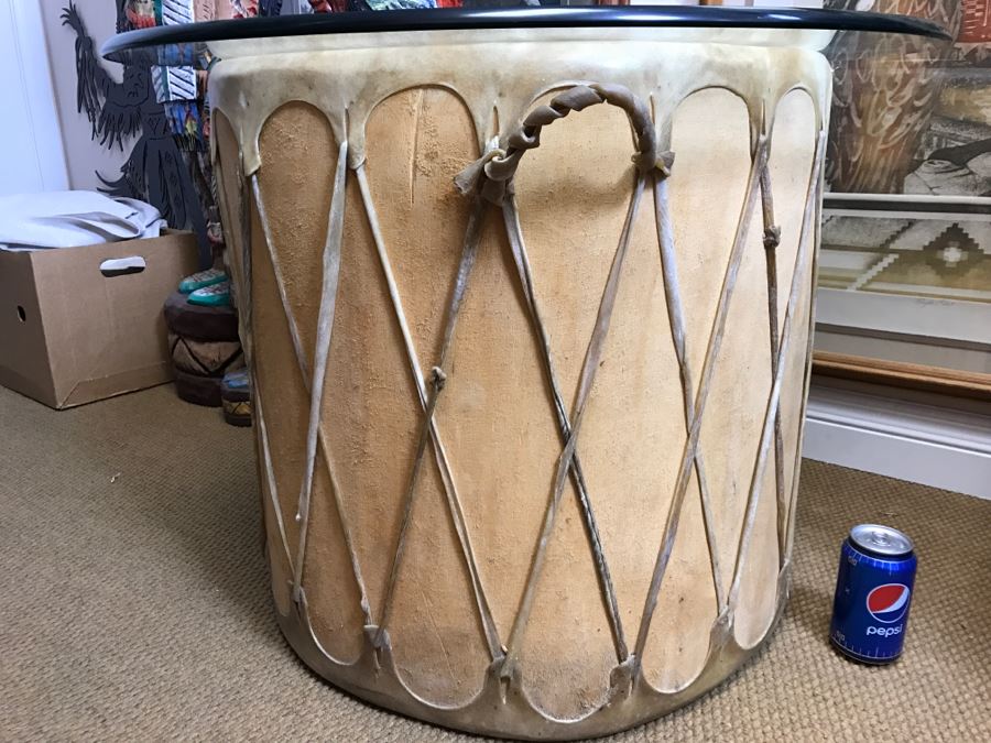 Large Rawhide Drum Table With Glass Top - Drum Measures 22'R X 22'H - Glass Measures 30'R X 0.5'T [Photo 10]
