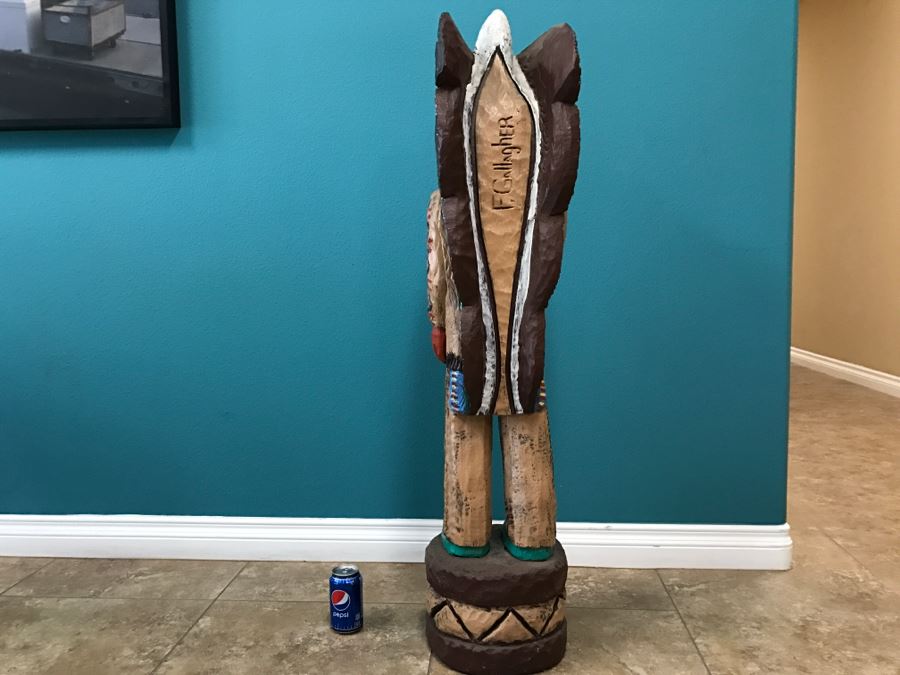 Frank Gallagher Cigar Store Indian Chief Carved Wooden Indian Statue Signed F. Gallagher 4' 1' Tall [Photo 8]