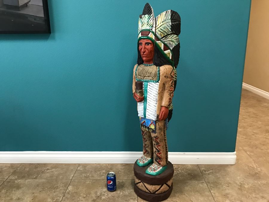 Frank Gallagher Cigar Store Indian Chief Carved Wooden Indian Statue Signed F. Gallagher 4' 1' Tall [Photo 2]
