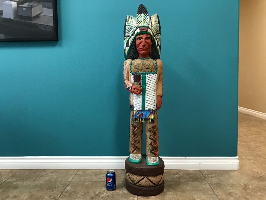 Frank Gallagher Cigar Store Indian Chief Carved Wooden Indian Statue Signed F. Gallagher 4' 1' Tall