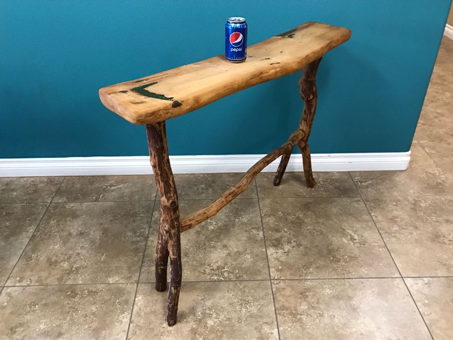 Folk Art Wooden Console Table With Turquoise Inlay On Top Of Table 40'W X 9'D X 31'H [Photo 1]