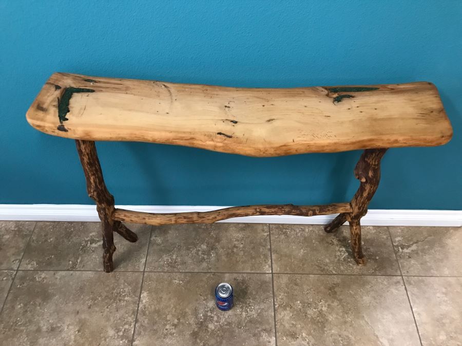 Folk Art Wooden Console Table With Turquoise Inlay On Top Of Table 40'W X 9'D X 31'H [Photo 3]