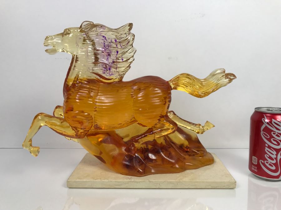 Vintage Resin Horse Sculpture On Travertine Base
