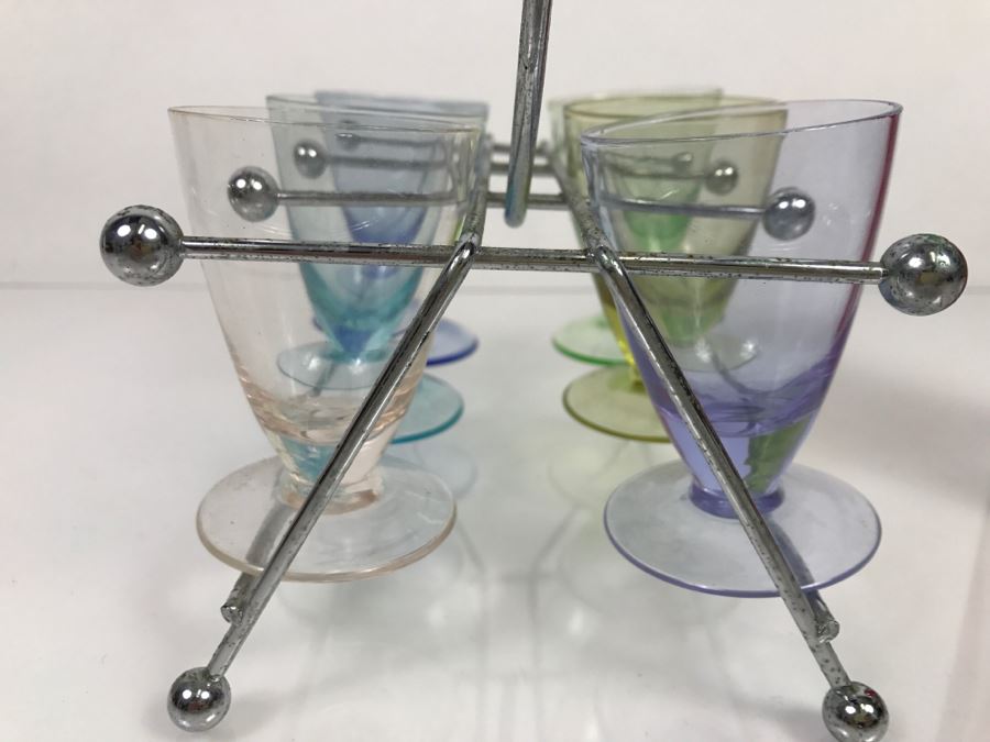 Mid-Century Colored Stemware Shot Glasses With Chrome Storage Rack [Photo 9]
