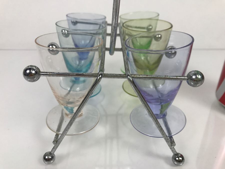 Mid-Century Colored Stemware Shot Glasses With Chrome Storage Rack [Photo 3]