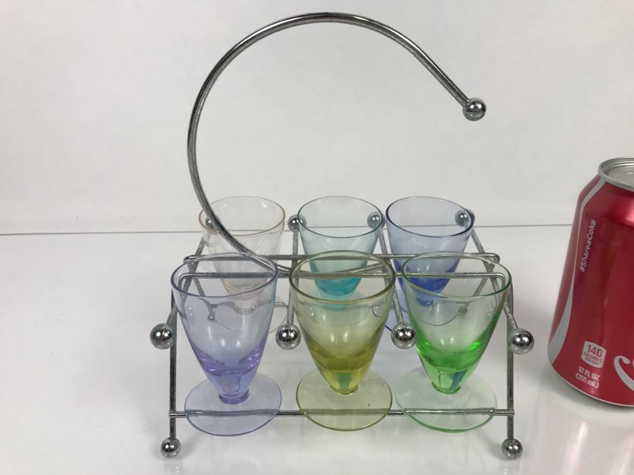 Mid-Century Colored Stemware Shot Glasses With Chrome Storage Rack [Photo 4]