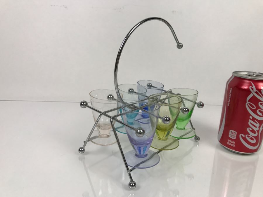 Mid-Century Colored Stemware Shot Glasses With Chrome Storage Rack [Photo 2]