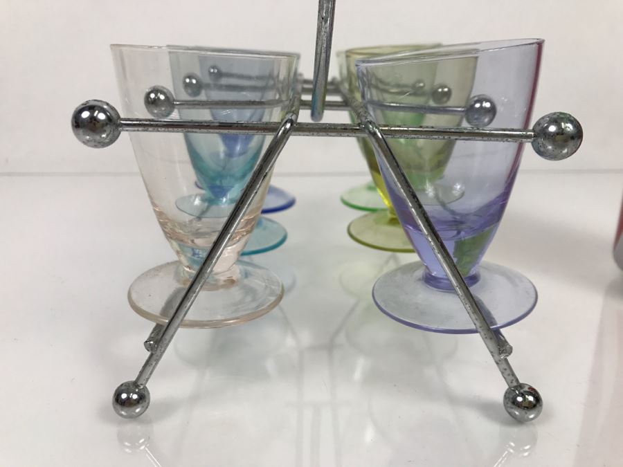 Mid-Century Colored Stemware Shot Glasses With Chrome Storage Rack [Photo 10]
