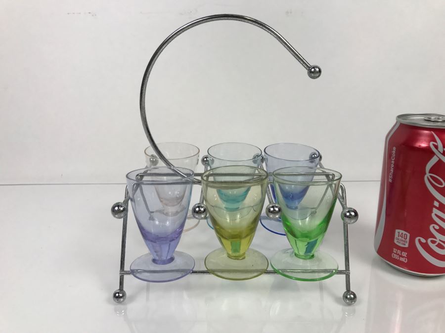 Mid-Century Colored Stemware Shot Glasses With Chrome Storage Rack