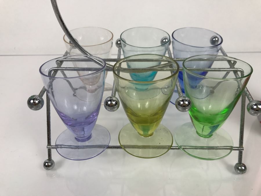 Mid-Century Colored Stemware Shot Glasses With Chrome Storage Rack [Photo 6]