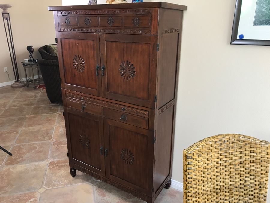 Carved Wooden Bar Cabinet With Lower Wine Storage For 45 Wine Bottles 37.5'W X 16'D X 61.5'H [Photo 13]