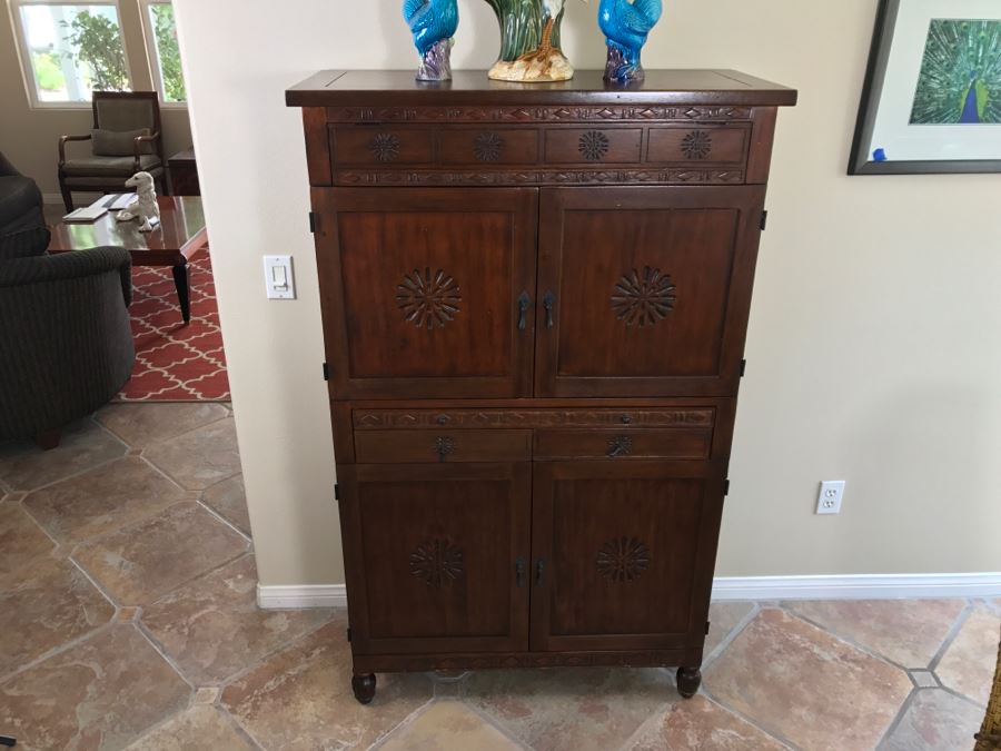 Carved Wooden Bar Cabinet With Lower Wine Storage For 45 Wine Bottles 37.5'W X 16'D X 61.5'H [Photo 4]