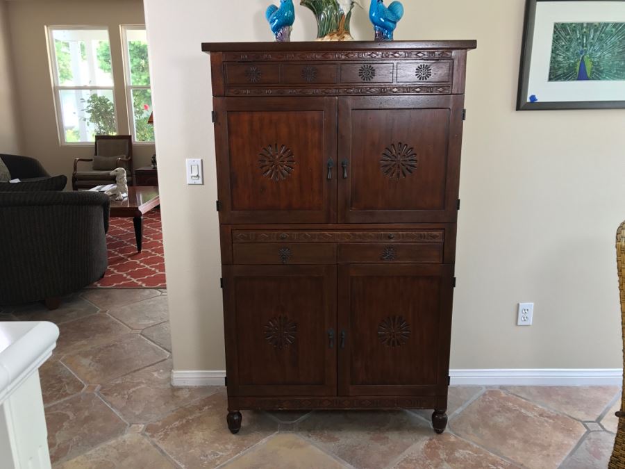 Carved Wooden Bar Cabinet With Lower Wine Storage For 45 Wine Bottles 37.5'W X 16'D X 61.5'H [Photo 3]