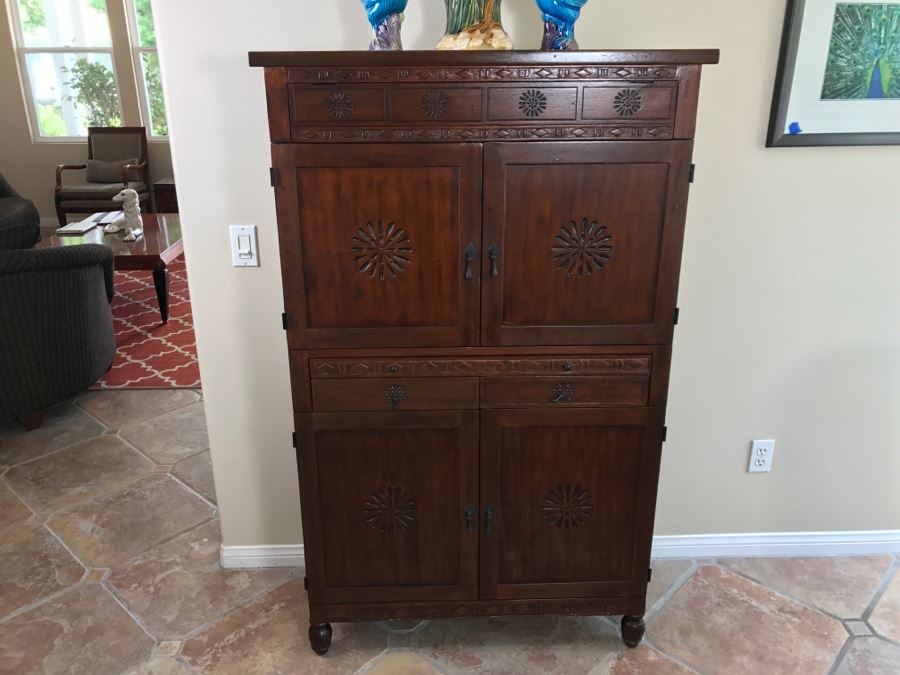 Carved Wooden Bar Cabinet With Lower Wine Storage For 45 Wine Bottles 37.5'W X 16'D X 61.5'H [Photo 5]