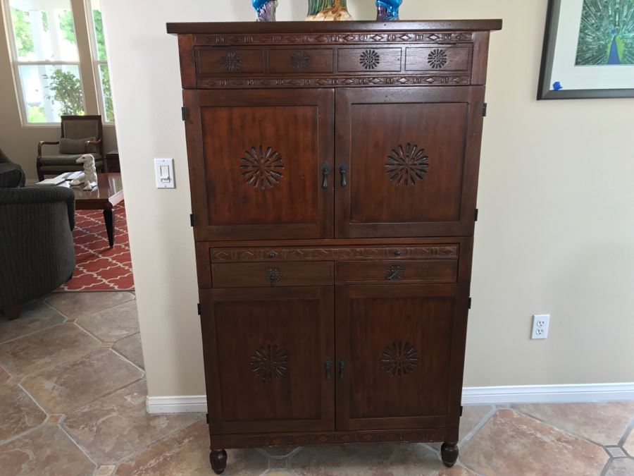 Carved Wooden Bar Cabinet With Lower Wine Storage For 45 Wine Bottles 37.5'W X 16'D X 61.5'H [Photo 6]