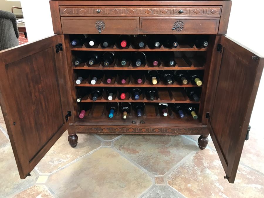 Carved Wooden Bar Cabinet With Lower Wine Storage For 45 Wine Bottles 37.5'W X 16'D X 61.5'H [Photo 11]