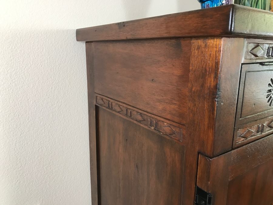 Carved Wooden Bar Cabinet With Lower Wine Storage For 45 Wine Bottles 37.5'W X 16'D X 61.5'H [Photo 12]