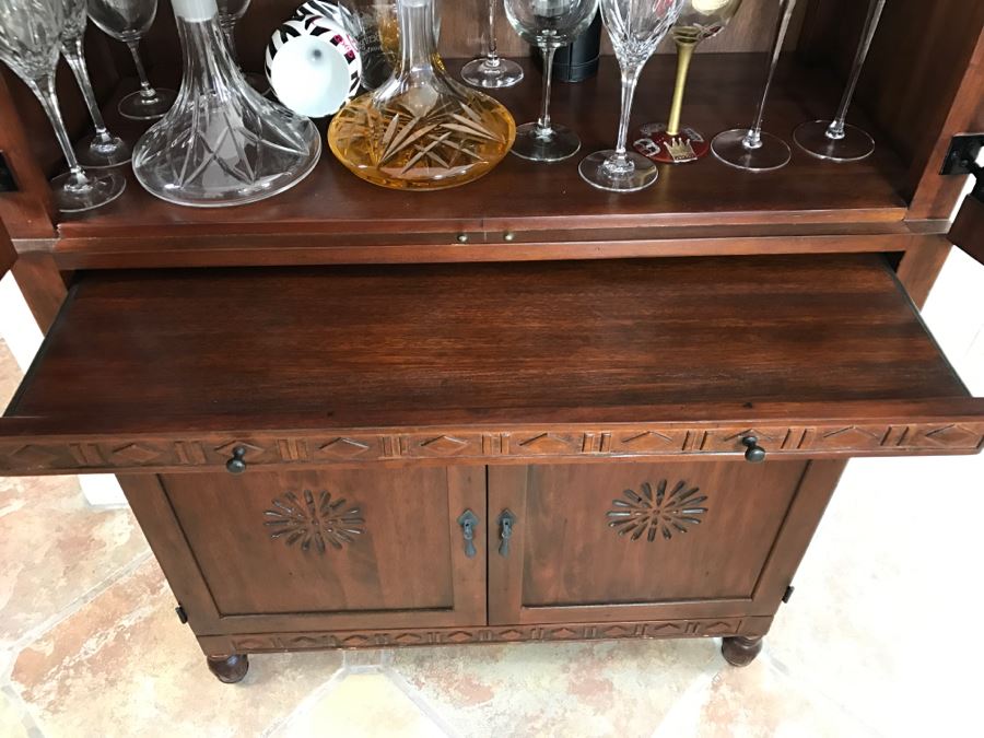 Carved Wooden Bar Cabinet With Lower Wine Storage For 45 Wine Bottles 37.5'W X 16'D X 61.5'H [Photo 7]