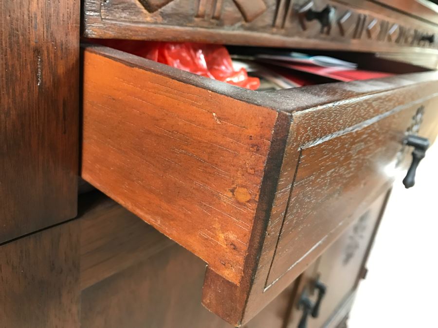 Carved Wooden Bar Cabinet With Lower Wine Storage For 45 Wine Bottles 37.5'W X 16'D X 61.5'H [Photo 10]