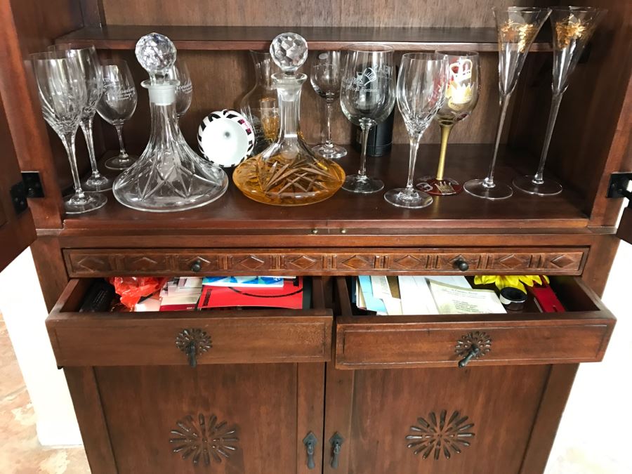 Carved Wooden Bar Cabinet With Lower Wine Storage For 45 Wine Bottles 37.5'W X 16'D X 61.5'H [Photo 9]