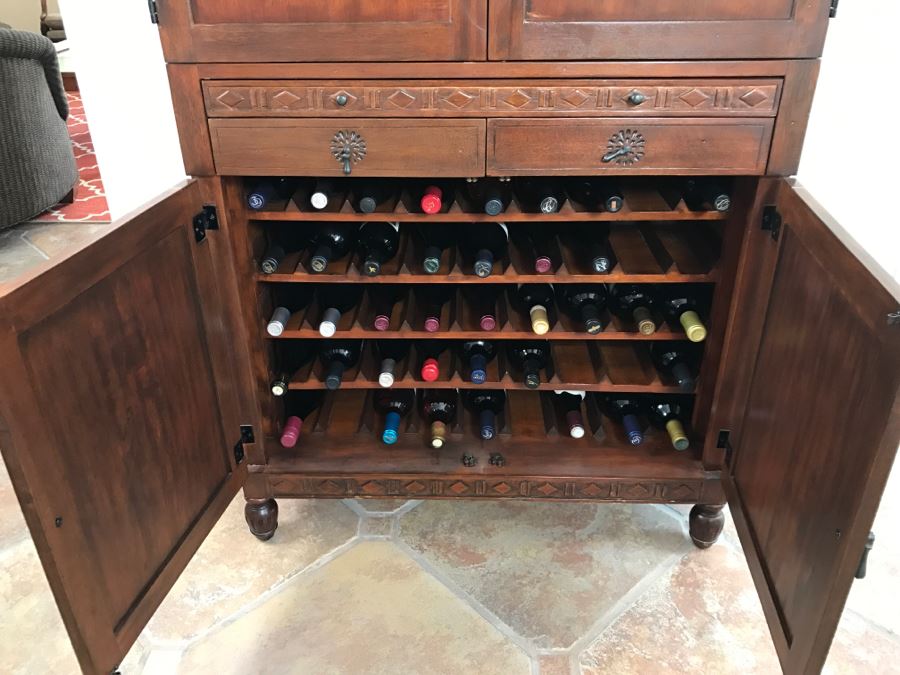 Carved Wooden Bar Cabinet With Lower Wine Storage For 45 Wine Bottles 37.5'W X 16'D X 61.5'H [Photo 2]