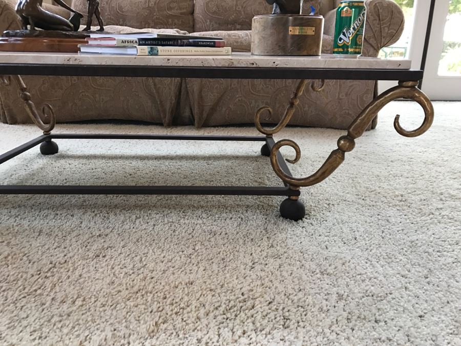 Travertine Top Coffee Table With Wrought Iron Base 54'W X 36'D X 16.5'H [Photo 9]