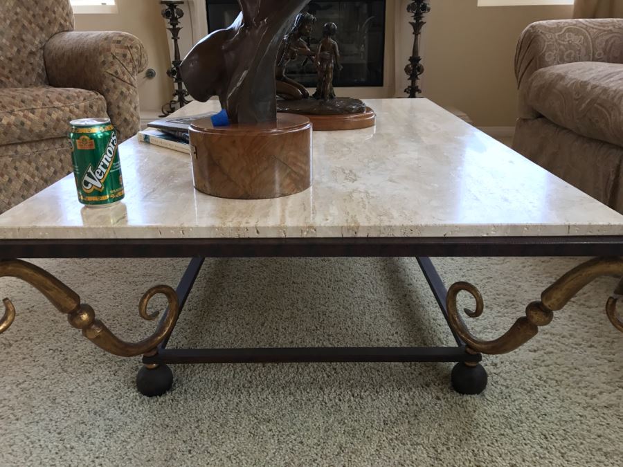 Travertine Top Coffee Table With Wrought Iron Base 54'W X 36'D X 16.5'H